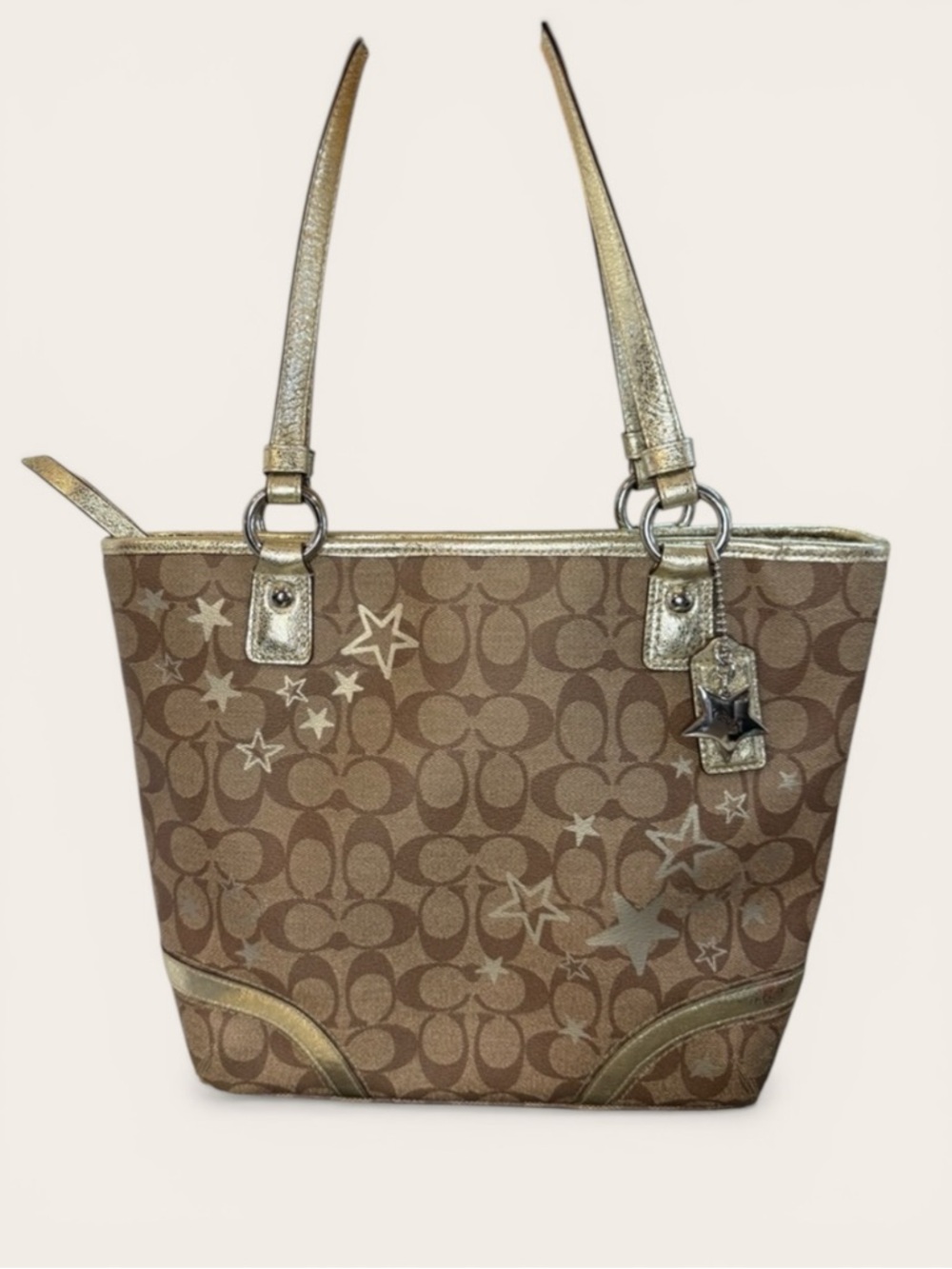 EUC Coach Heritage Star Print Metallic Leather Trim Tote Bag